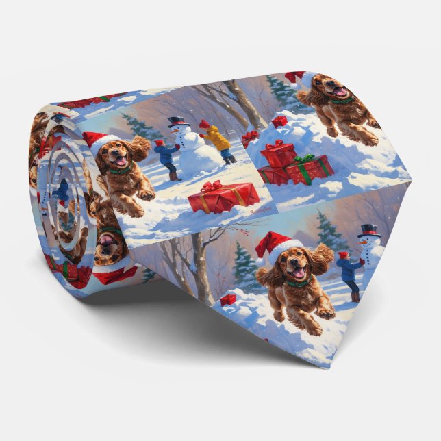 Cocker Spaniel Running in Snow with Christmas Hat Tie (Rolled)