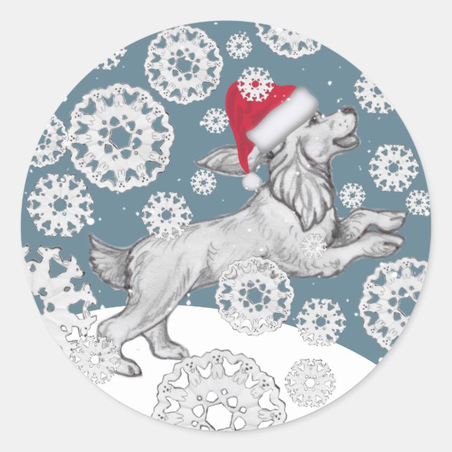 Cocker Spaniel Santa Dog & Snowflake Fun Christmas Classic Round Sticker (Front)