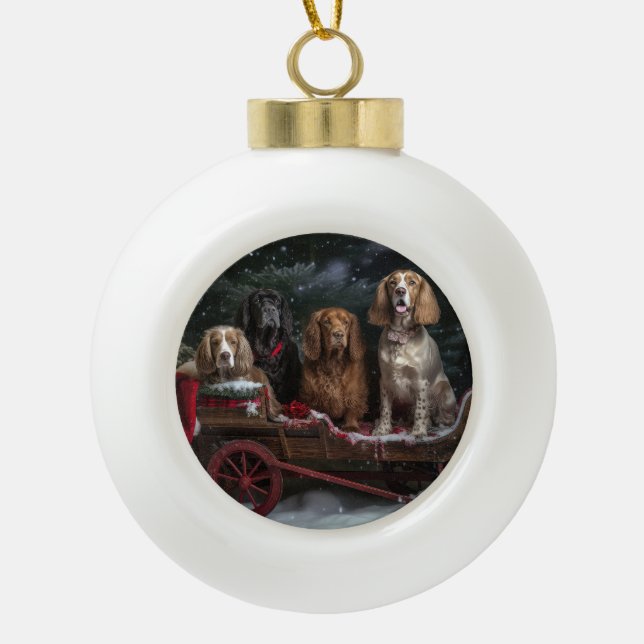 Cocker Spaniel Snowy Sleigh Christmas Decor  Ceramic Ball Christmas Ornament (Front)