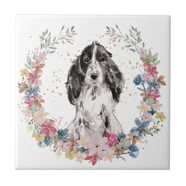 Cocker Spaniel Spring Flowers Wreath Ceramic Tile (Front)