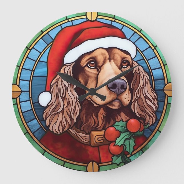 Cocker Spaniel Stained Glass Christmas  Large Clock (Front)