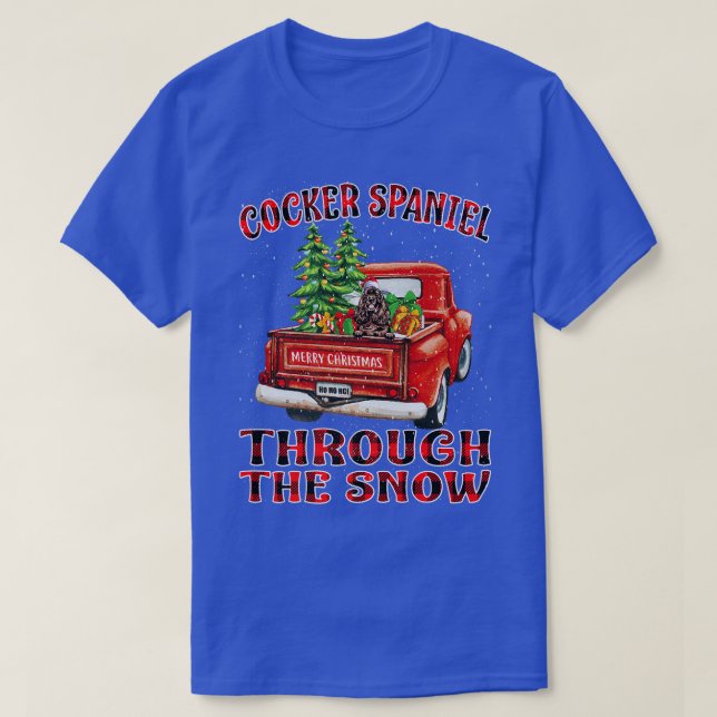 Cocker Spaniel Through The Snow Christmas Truck Pl T-Shirt (Design Front)