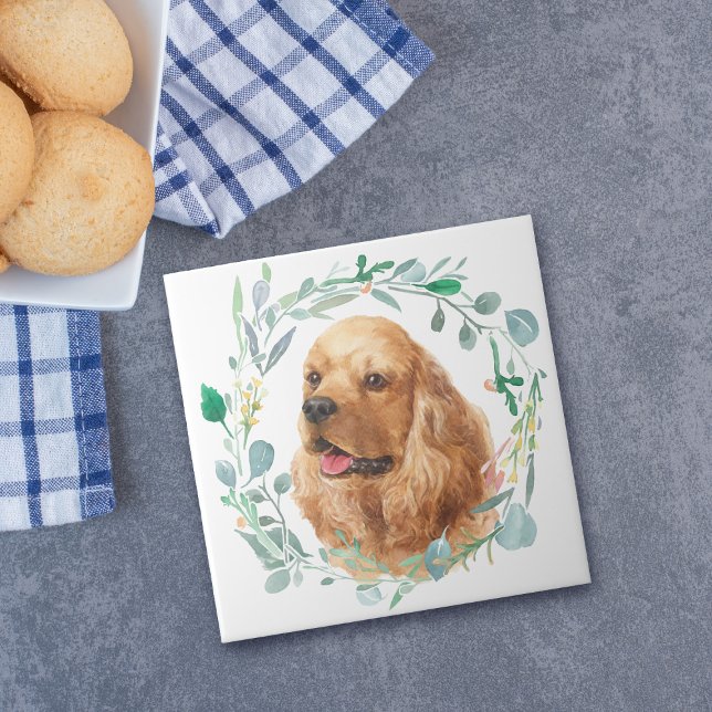 Cocker Spaniel Watercolor Wreath Ceramic Tile (Creator Uploaded)