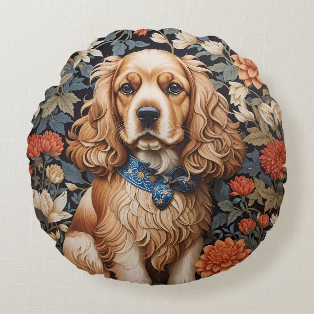 Cocker Spaniel William Morris Inspired Floral Round Cushion (Front)