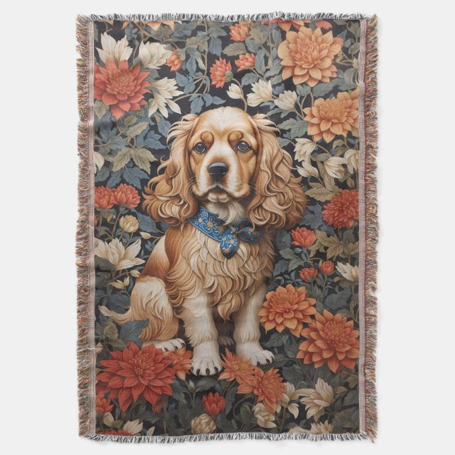 Cocker Spaniel William Morris Inspired Floral Throw Blanket (Front Vertical)
