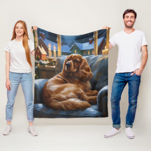 Cocker Spaniel with Christmas Lights Holiday Fleece Blanket