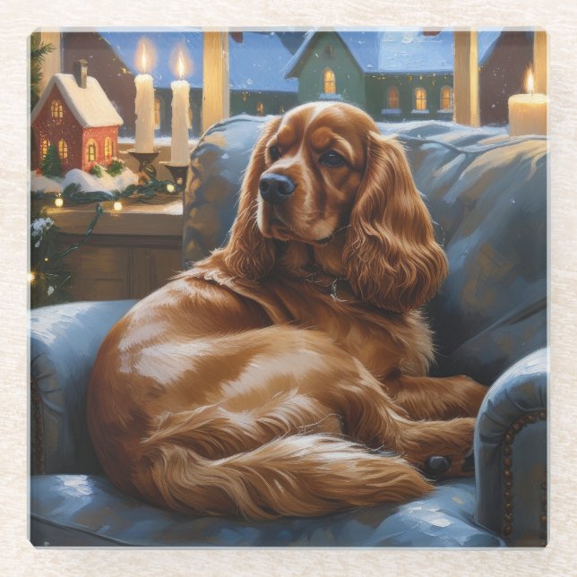 Cocker Spaniel with Christmas Lights Holiday Glass Coaster (Front)