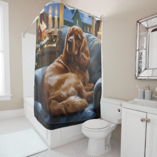 Cocker Spaniel with Christmas Lights Holiday Shower Curtain