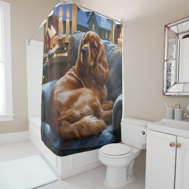 Cocker Spaniel with Christmas Lights Holiday Shower Curtain (In Situ)