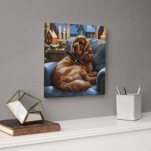 Cocker Spaniel with Christmas Lights Holiday Square Wall Clock