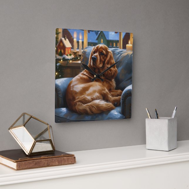 Cocker Spaniel with Christmas Lights Holiday Square Wall Clock (Office)