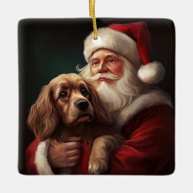 Cocker Spaniel With Santa Claus Festive Christmas Ceramic Ornament (Front)