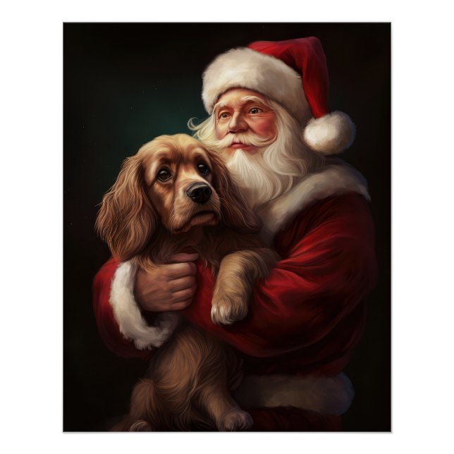 Cocker Spaniel With Santa Claus Festive Christmas Poster (Front)