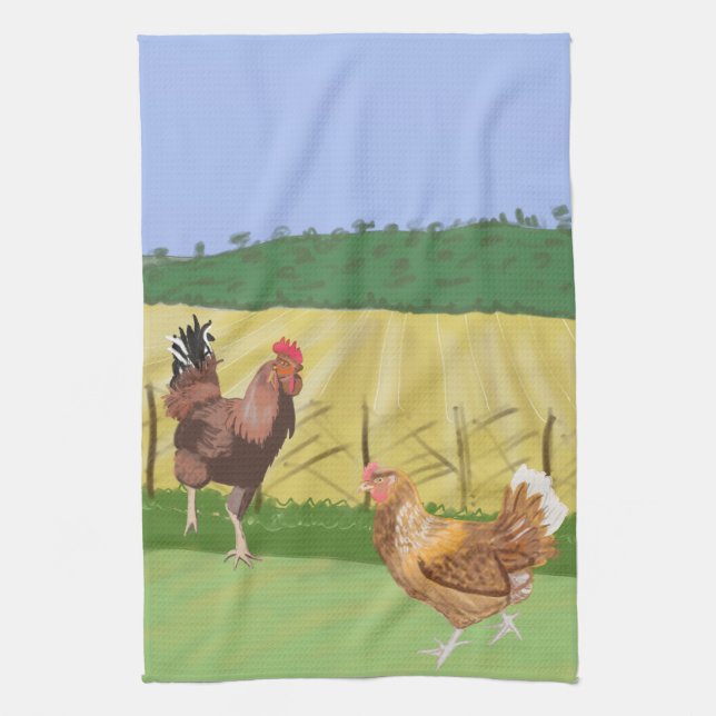 Cockerel and Chicken Tea Towel (Vertical)