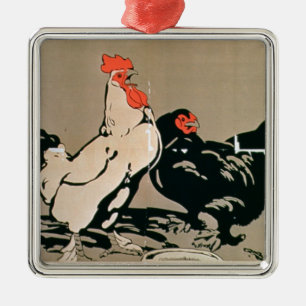 Cockerel and Hen (colour litho) Metal Ornament