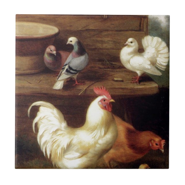 Cockerel Hen And Chicks With Pigeons Farm Animals Ceramic Tile (Front)
