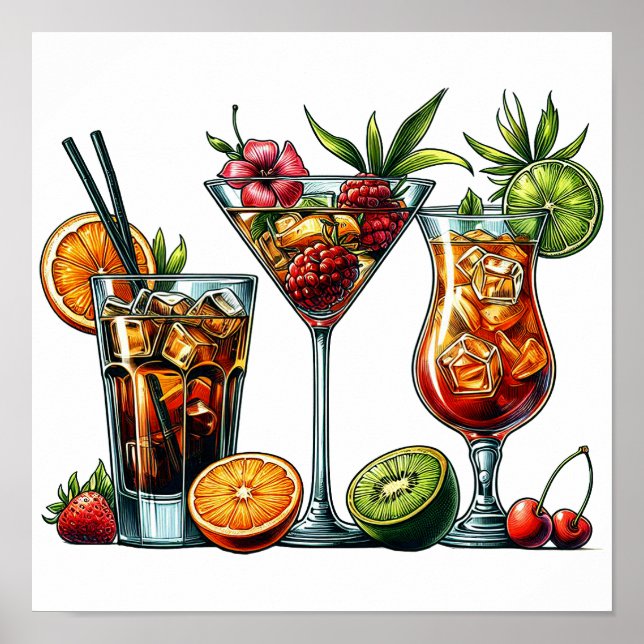 Cocktail alcoholic Drinks colour art illustrations Poster (Front)
