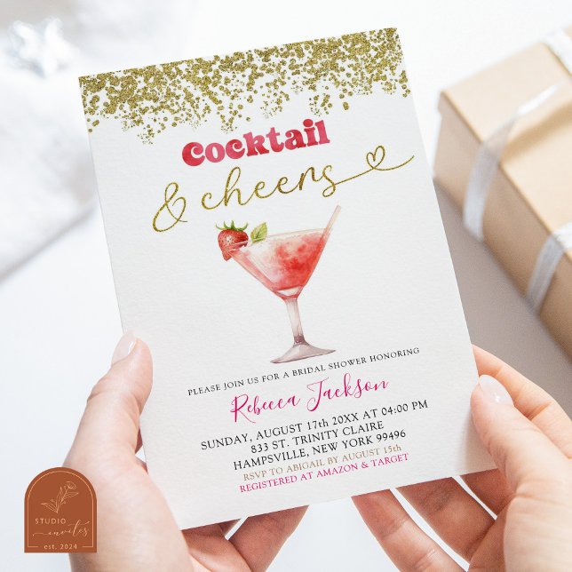 Cocktail and Cheers Pink Gold Bridal Shower Invitation (Creator Uploaded)
