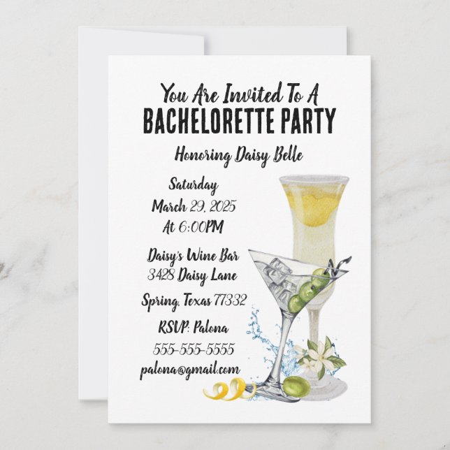 Cocktail Bachelorette Invitation (Front)