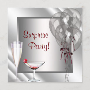 Cocktail Balloons Red Surprise Birthday Party Invitation