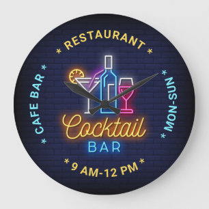 Cocktail Bar Neon Look Illustration, Custom Text L Large Clock