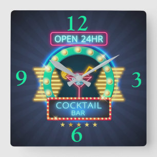 Cocktail Bar Neon Sign Square Wall Clock