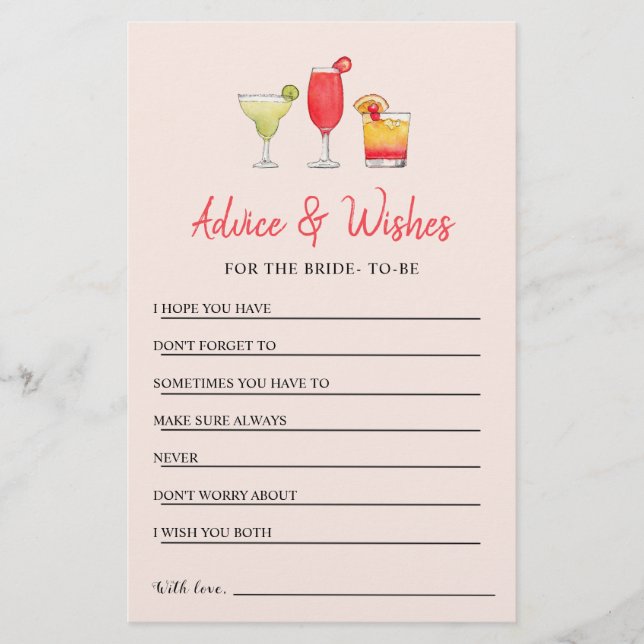 Cocktail Bridal shower Advice & Wishes card (Front)