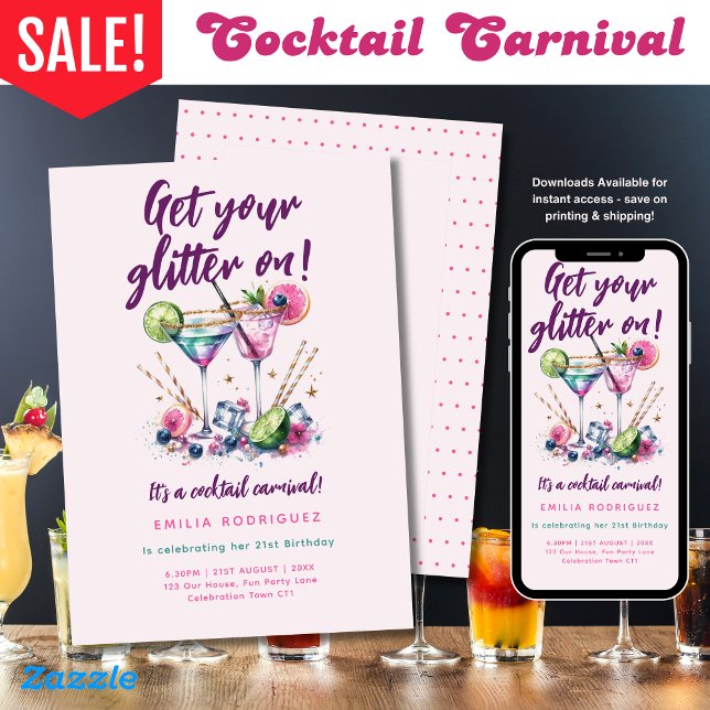 Cocktail Carnival Glitter Candy Birthday - ANY Invitation (Creator Uploaded)