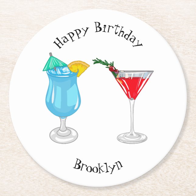 Cocktail cartoon illustration round paper coaster (Front)
