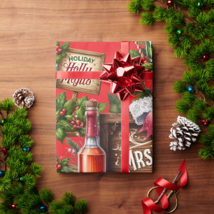 Cocktail Christmas Party with Drinks on Red Wrapping Paper