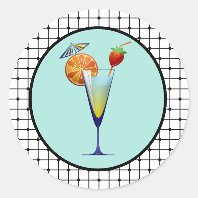 Cocktail Drinks Bar in Turquoise with Grid Design Classic Round Sticker (Front)
