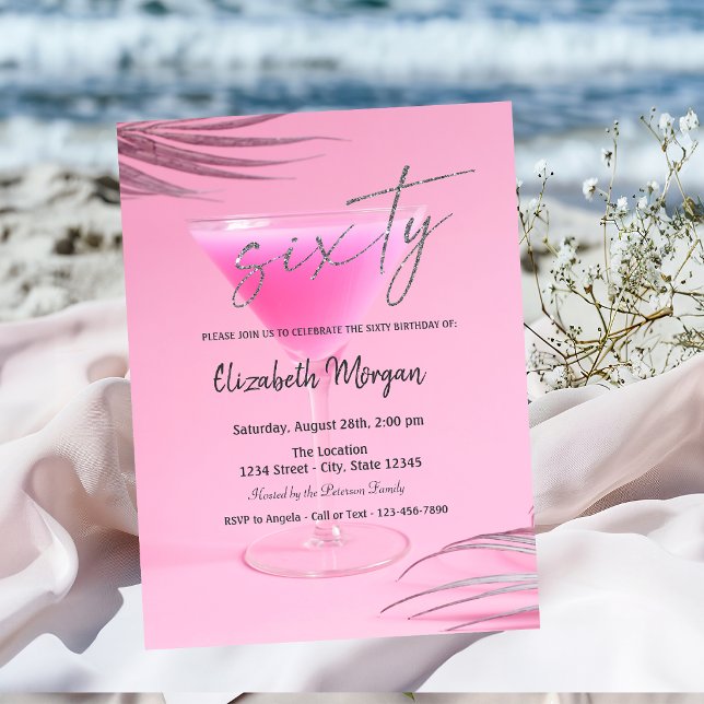 Cocktail Glass Pink 60th Birthday   Invitation (Creator Uploaded)
