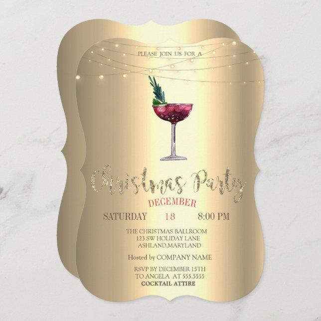Cocktail, Gold Christmas Company Party Invitation (Front/Back)