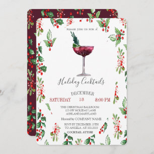  Cocktail Holly Berry Burgundy Christmas  Invitation