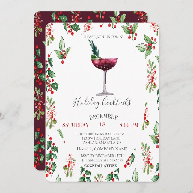  Cocktail Holly Berry Burgundy Christmas  Invitation (Front/Back)