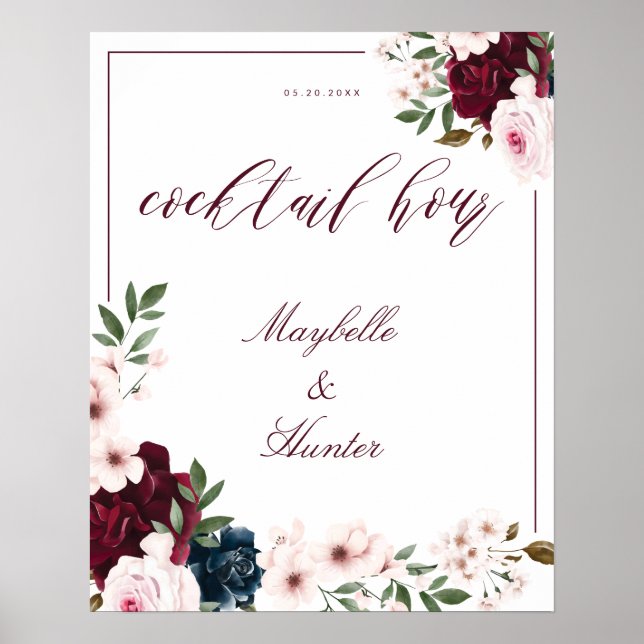 Cocktail Hour Watercolor Burgundy Navy Floral Poster (Front)