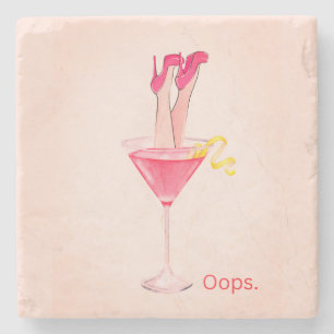 Cocktail Humour Illustration, Pink Bar Cart, Girly Stone Coaster