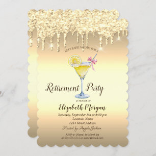 Cocktail Lemon Gold Glitter Drops Retirement Invitation