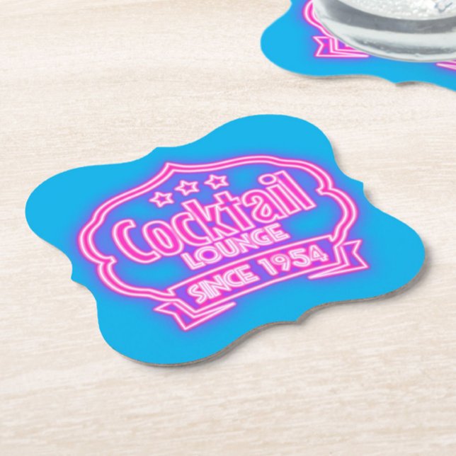 Cocktail lounge vintage neon sign liquor pink blue paper coaster (Creator Uploaded)