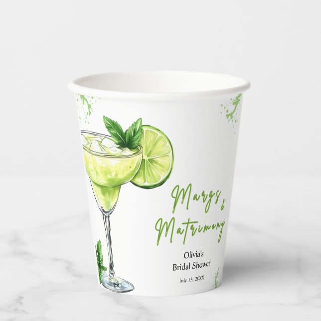 Cocktail Margs and Matrimony Bridal Shower Paper Cups (Front)