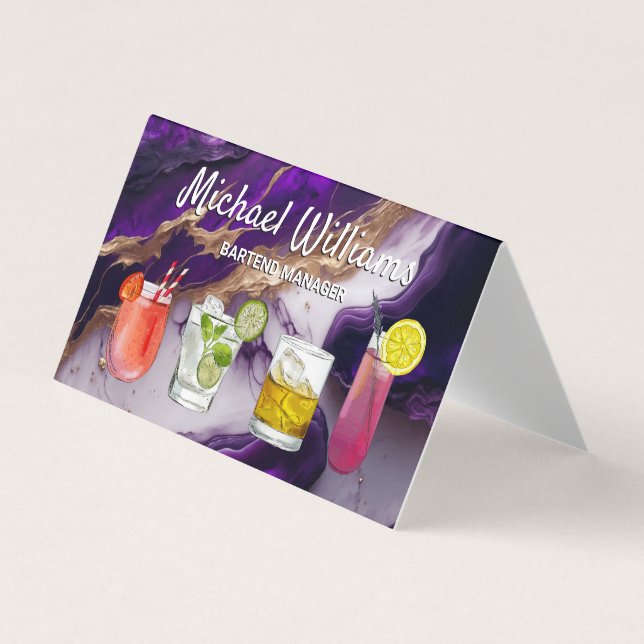 Cocktail Mix Drinks | Purple Gold Marble Business Card (Front)