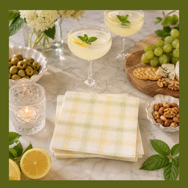 Cocktail Napkin | Lime & Lemon Plaid | Gin & Tonic (Stylish lemon cocktail napkins for garden parties, housewarmings and summer celebrations.)
