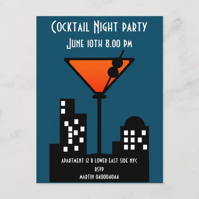 Cocktail Night Party Invitation Postcard (Front)