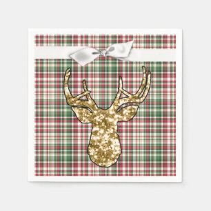 Cocktail Paper Napkin Gold Glitter Reindeer Plaid