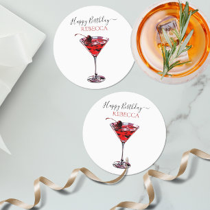 Cocktail Party Cherry Martini Happy Birthday Round Paper Coaster