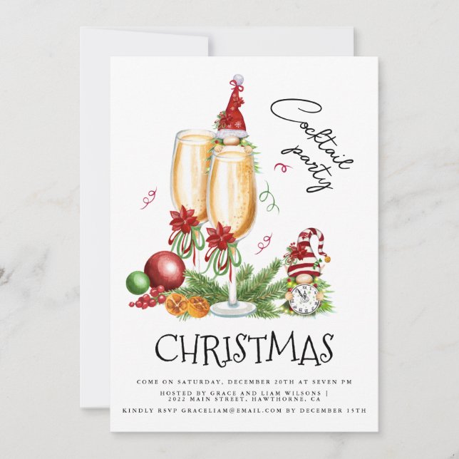 Cocktail Party Christmas Gnomes White Wine Invitation (Front)