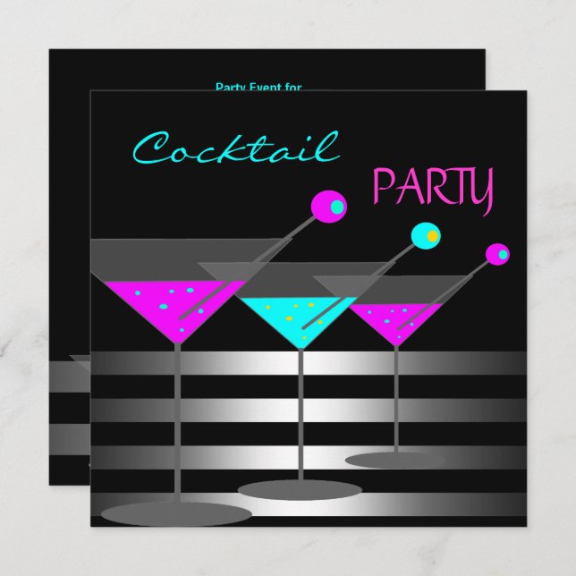 Cocktail Party Cocktails Drinks Martini Teal Pink Invitation (Front/Back)