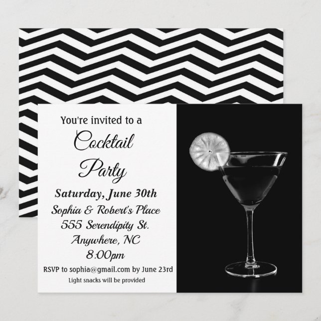 Cocktail Party Elegant Black and White Invitation (Front/Back)