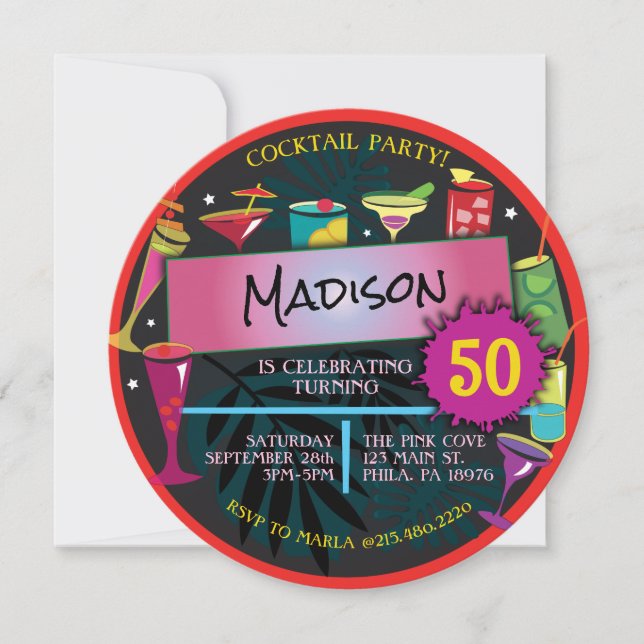 Cocktail Party Fancy Drinks Wine 50th Birthday Invitation (Front)