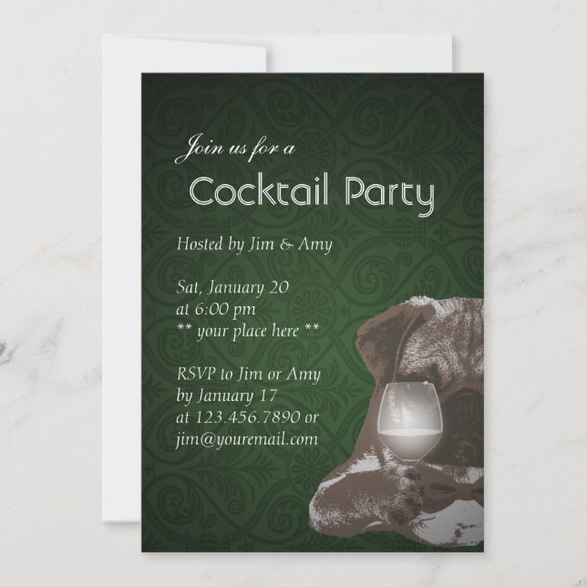 Cocktail Party Green Damask Pug & Fine Wine Invitation (Front)